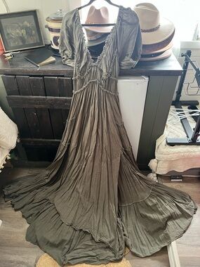 Olive Green Bohemian Maxi Dress - Women's Flowy V-Neck